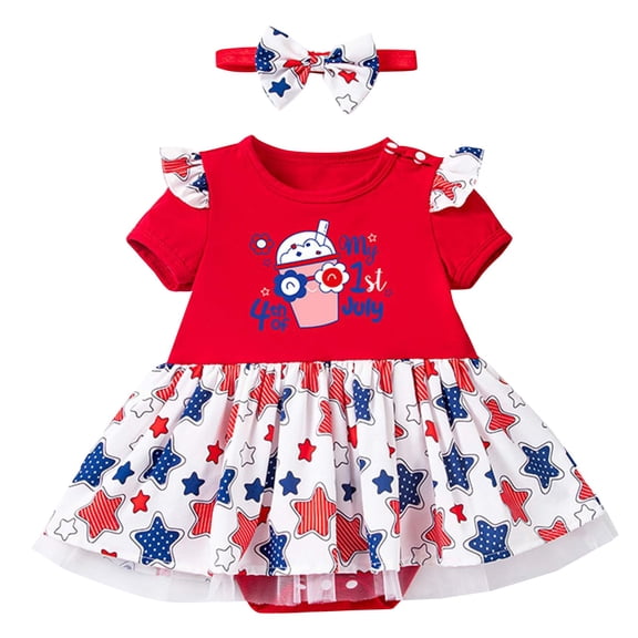 EnJoCho My First 4th of July Baby Boy Outfit Baby Girls 4th of July 𝖱omper Dress Sleeveless Stars Stripes Print Jumpsuit with Headband Independence Day Clothes