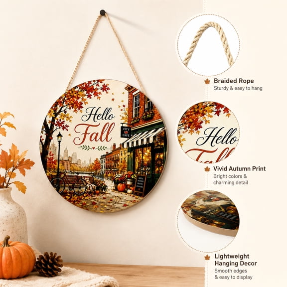 RUDLDA Hello Fall Round Wooden Door Hanger, Vintage Autumn City Street Scene Welcome Sign, Fall Maple Leaf Pumpkin Wall Hanging Plaque for Front Door Porch Farmhouse Thanksgiving Home Decor
