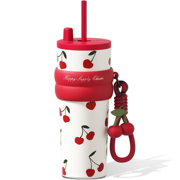 Sidagar 24 oz Stainless Steel Vacuum Insulated Coffee Travel Tumbler with Straw Lid, Red Cherry