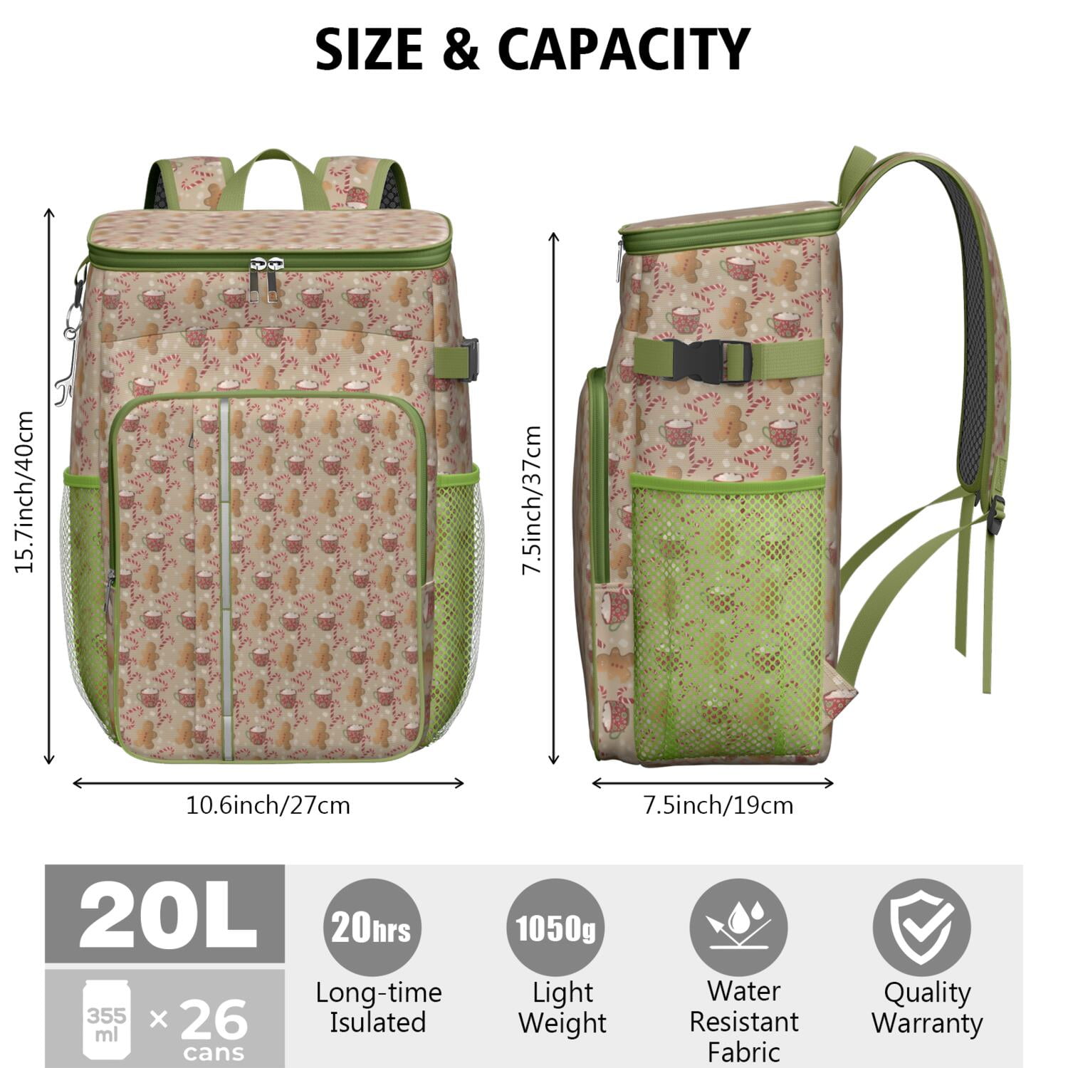 Travel Cooler Bag - Brown Christmas Gingerbread and Drink Pattern Camping Beer Cooler Backpack with Bottle Opener- Waterproof Insulated Picnic Backpacks - Cooler Bag for Beach