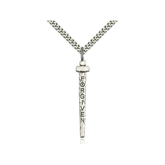 Sterling Silver Forgiven Nail Pendant 1 1/2 X 1/4 inches with Heavy Curb Chain