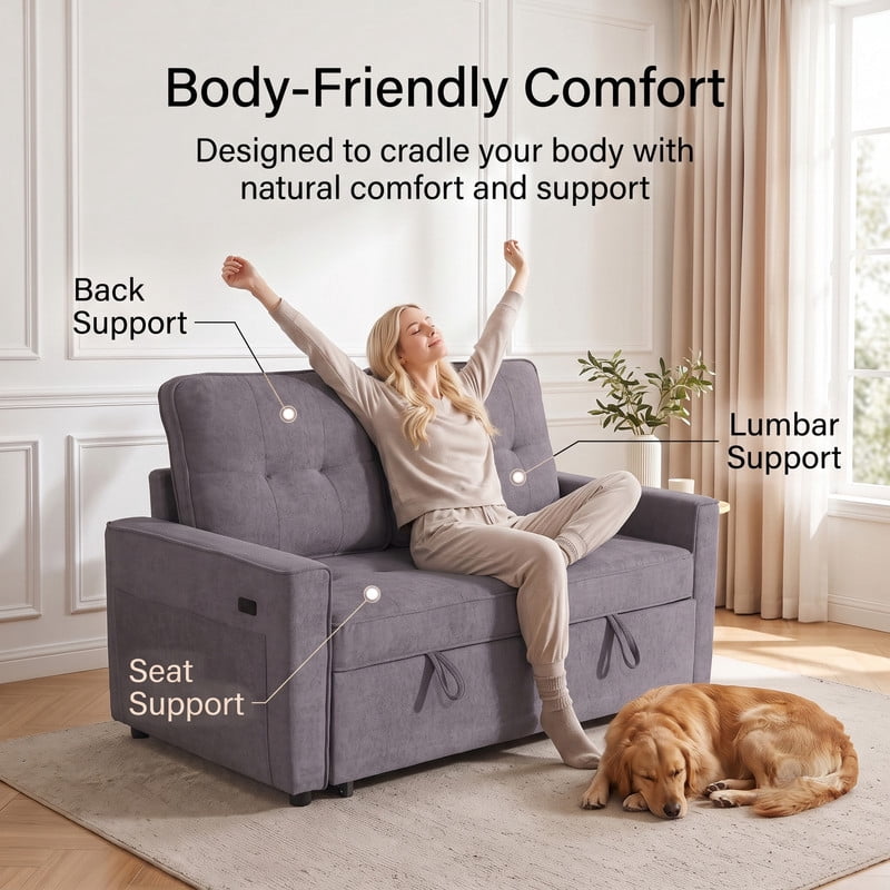 Gewnee 53” Sofa Bed, 3 in 1 Convertible Loveseat Sleeper Sofa, Pull Out Couch with USB Port, Futon Sofa Bed with Storage Pockets for Small Spaces, Teddy Fabric,Light Gray