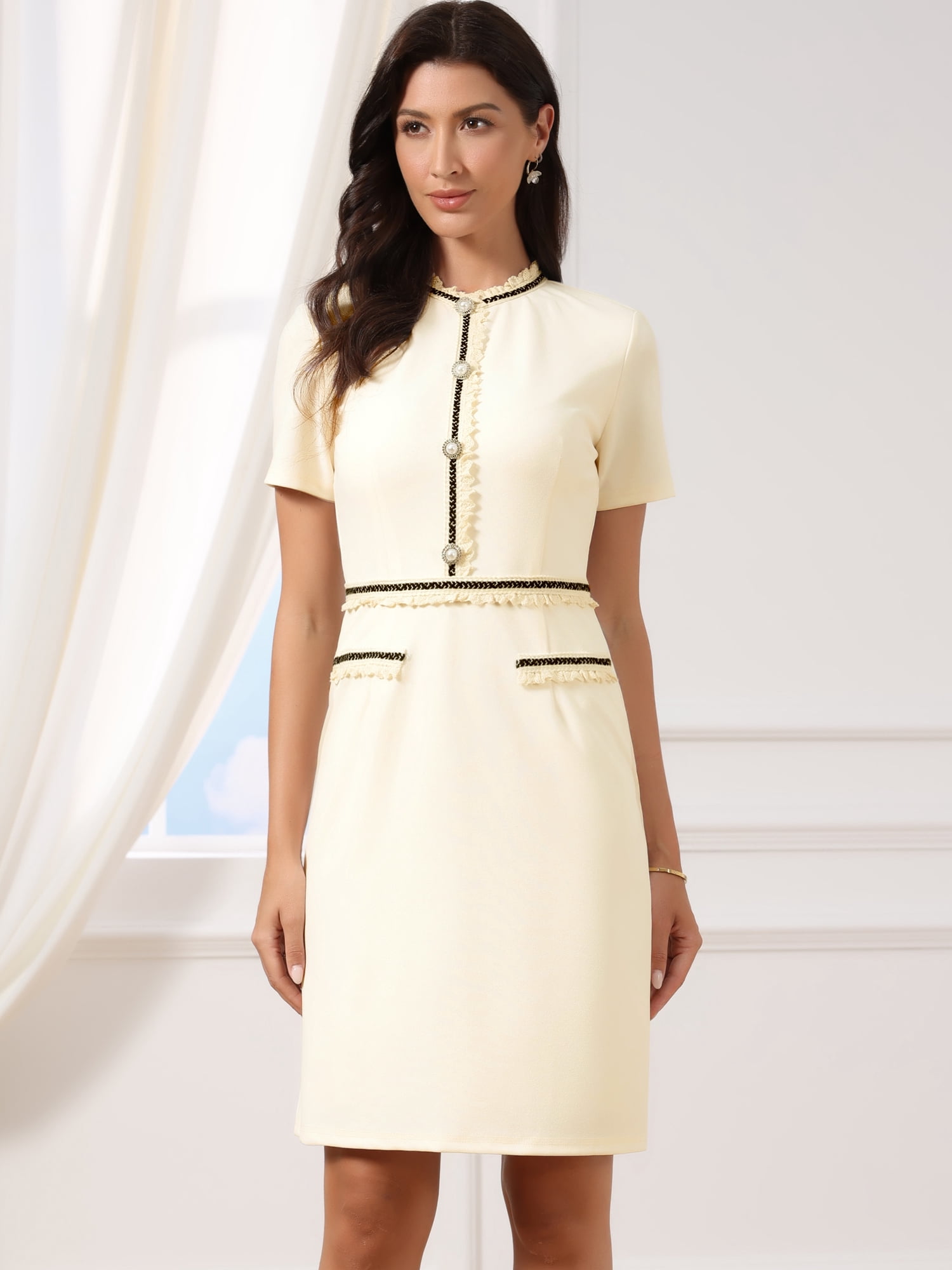 DARING DIVA Women's Knee Length Short Sleeve Crew Neck Work Sheath Dress XL White Cream