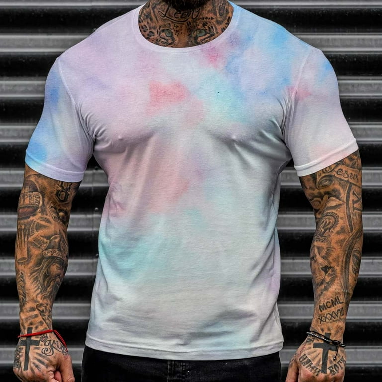 VSSSJ Digital Tie Dye Printed Shirt for Men Plus Size Fashion Short Sleeve  Casual Crewneck Top Shirts Quick Dry Summer Beach T-Shirt Pink XXXXXL 