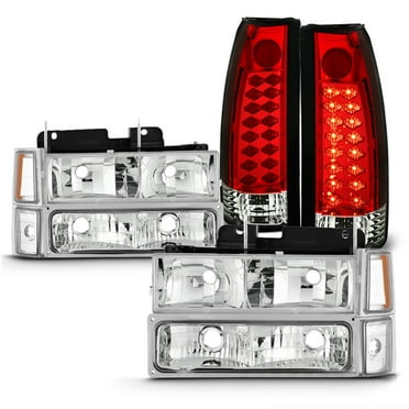 AKKON - Fits 1994-1998 C/K 1500 2500 3500 Tahoe Suburban Chrome Headlights   Corner   Signal Lamp   LED Red Tail Lights Pair