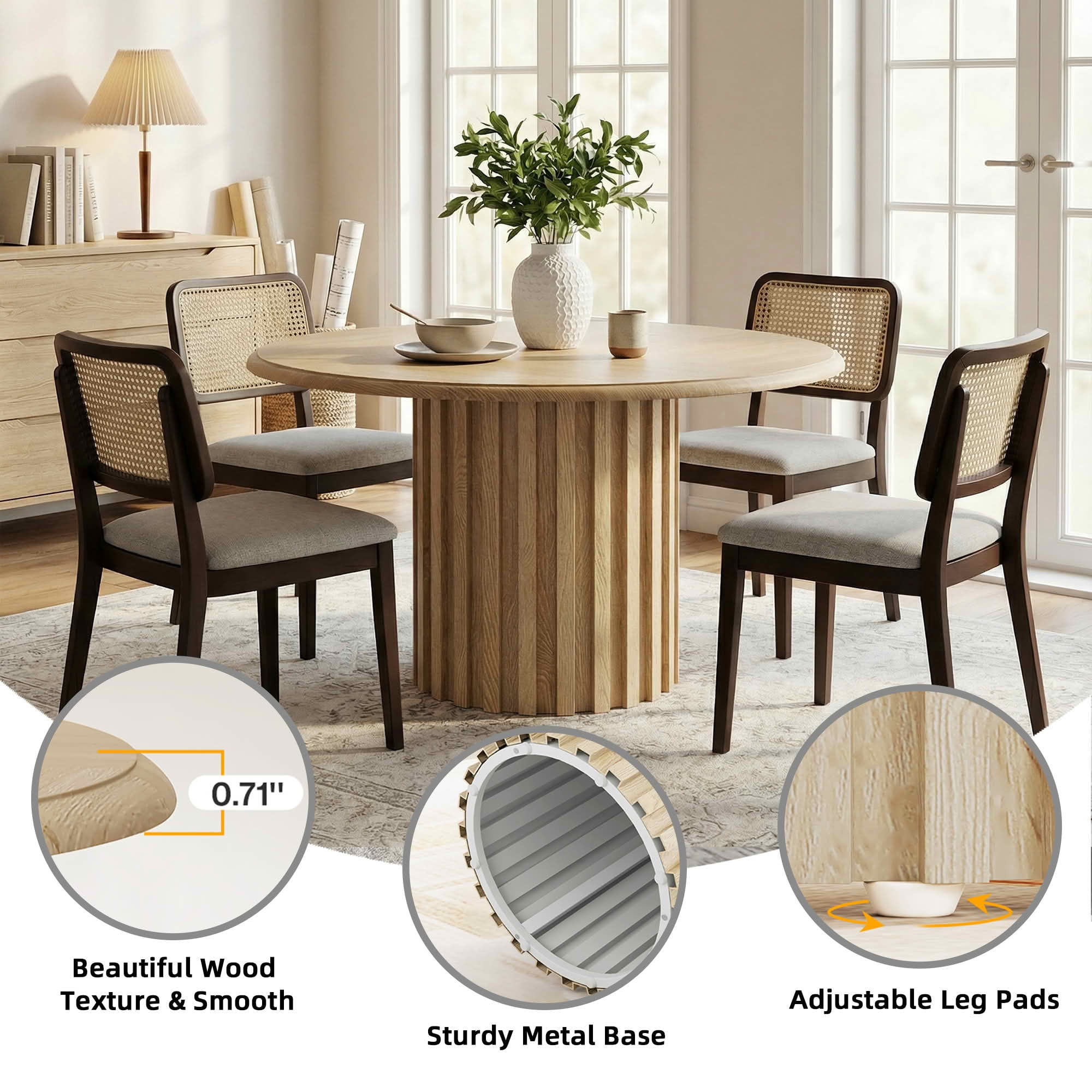 MAYEERTY 47.24 Inch Farmhouse Round Dining Table for 4 to 6 People, Wooden Look Dinner Table with Reinforced Metal Pedestal Base for Kitchen Dining Room