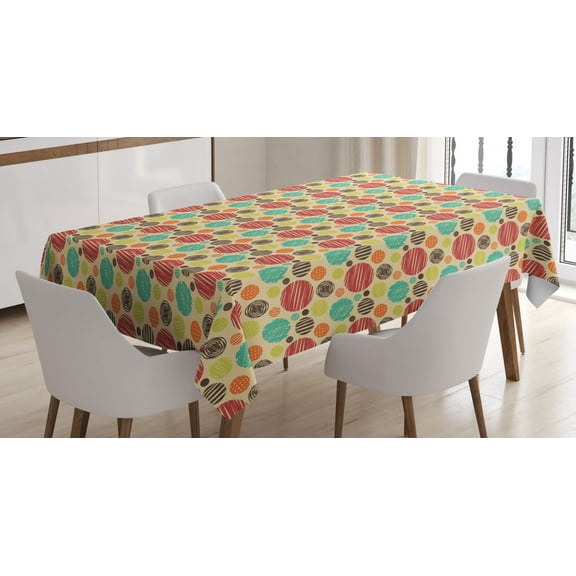 Colorful Tablecloth, Hand Sketched Big and Small Round Motifs in Different Colors on Beige Backdrop, Rectangular Table Cover for Dining Room Kitchen, 52 X 70 Inches, Multicolor, by Ambesonne