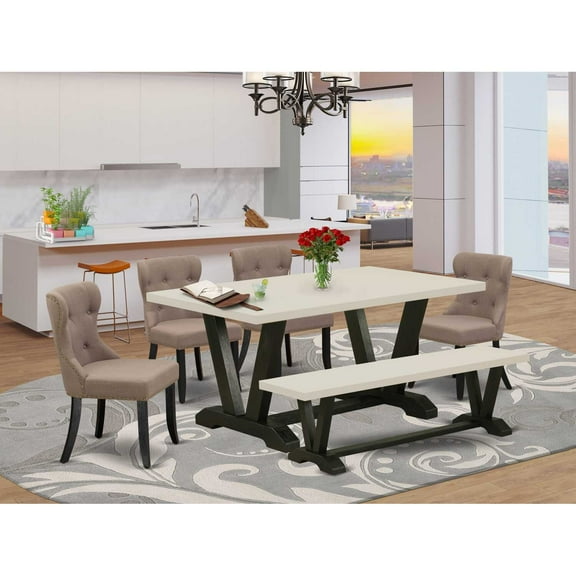 East West Furniture 6-Pc Dinette Set-Coffee Linen Fabric Seat and Button Tufted Back Dining Chairs- Wooden Dining Bench and Rectangular Table Top with Hardwood Legs - Linen White & Wirebrushed Black