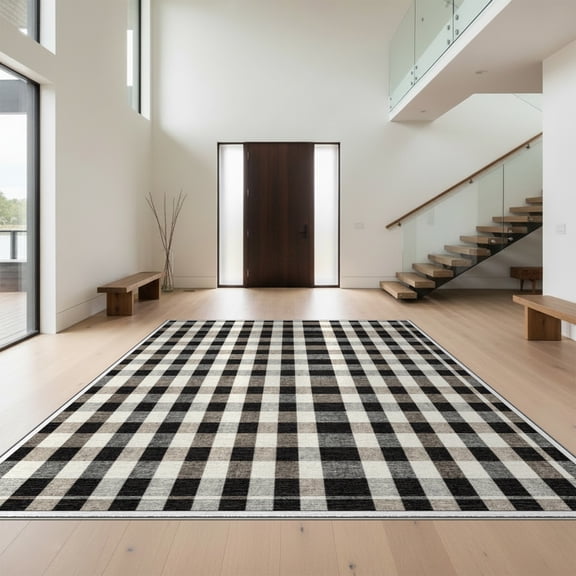 Design&I 8'x10' Washable Area Rug Doormat Checkered Plaid Farmhouse Bordered Grid Door Layering Fall Flowing for Living Room, Family Extra Large Skid-Resistant Low Profile