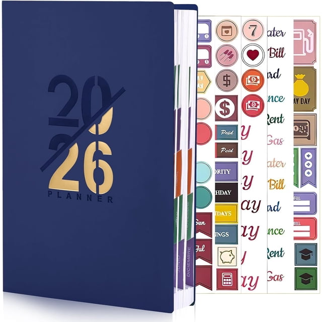 Agenda 2026 Español, A5 Planificr Diario, Organizr Diario de Enero a Diciembre 2026, Planificr Semanal, con 5 Pegatinas de Colores, para Mujer y Hombre, para Oficina, Escuela (Azul rey)