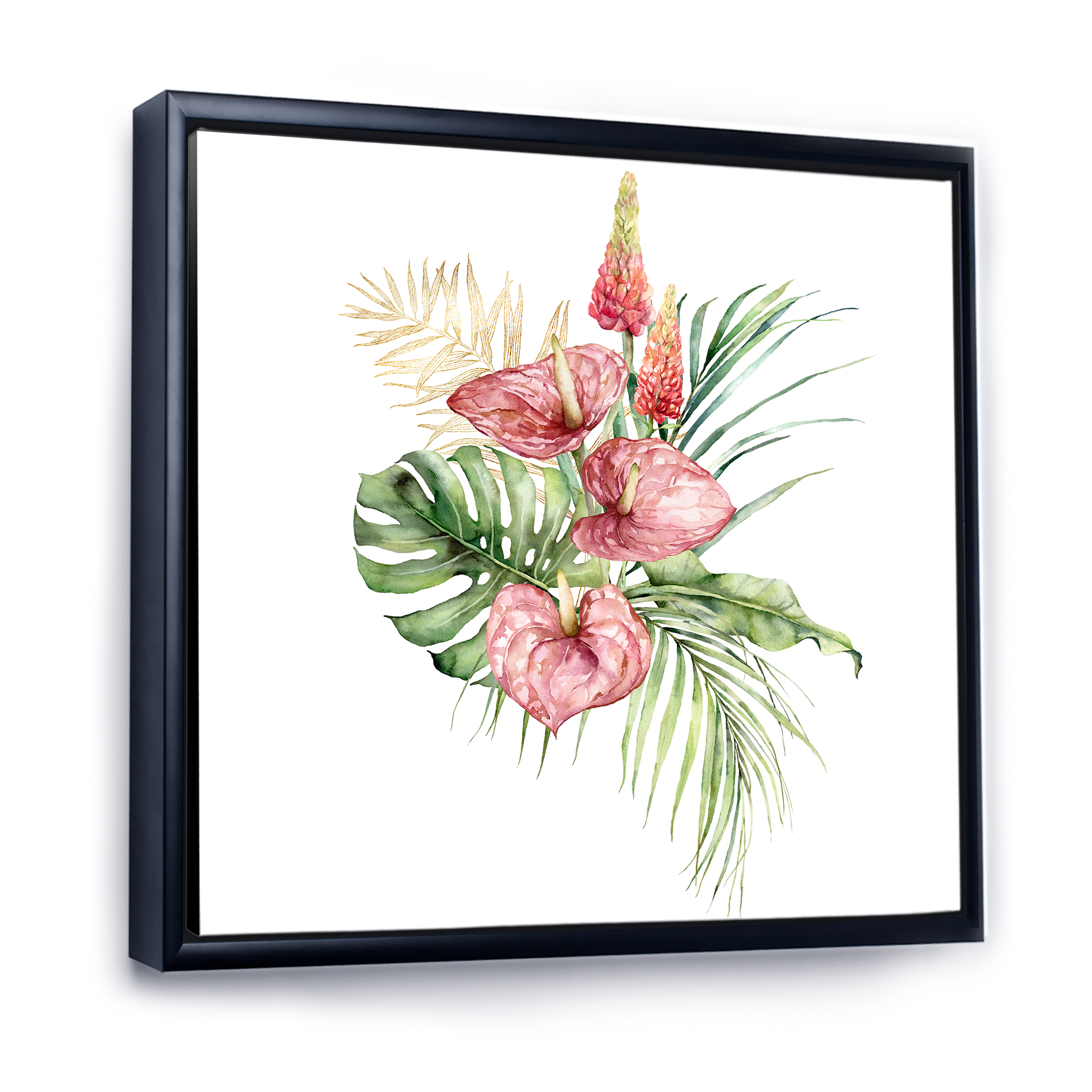 Designart 'Tropical Bouquet With Anthurium Lupine and Leaves On White I' Traditional Framed Canvas Wall Art Print