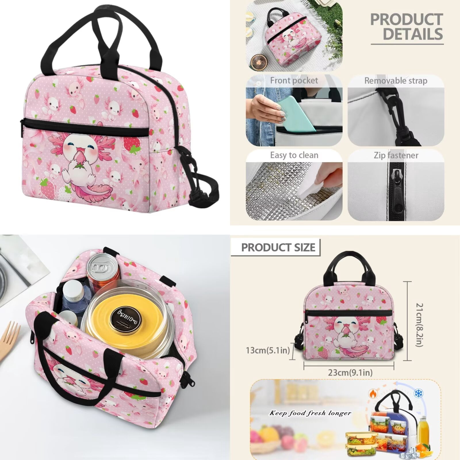 Pzuqiu Strawberry Axolotl School Backpack Set for Girls 8-12 4PCS Sports Bookbag Back Pack Lunch Bag with Pencil Box Water Bottle Holder 17 Inch Daypack Camping Bags for Teens
