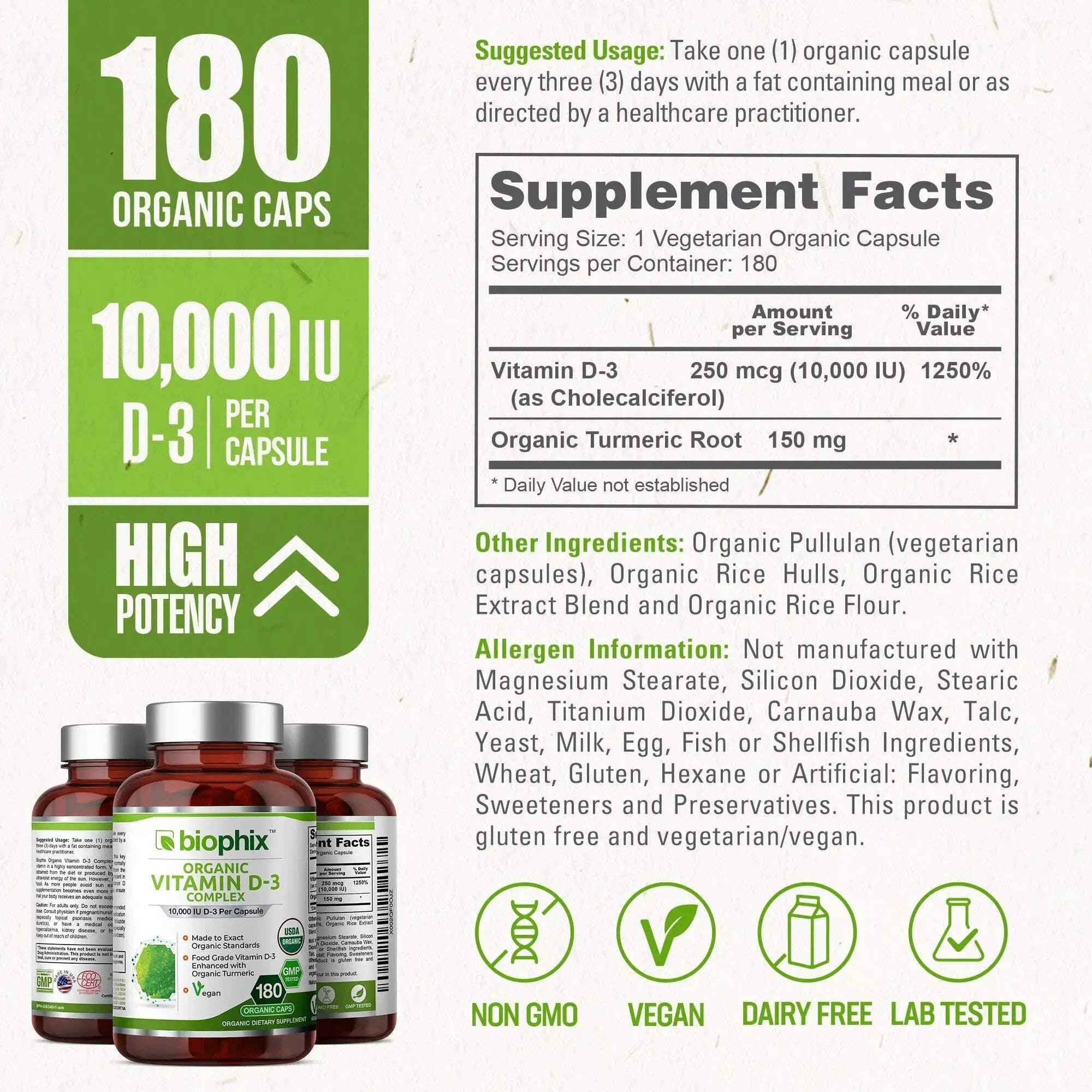 biophix Organic Vitamin D-3 Complex 10000 IU 180 Vcaps with Turmeric - High-Potency Supports Strong Bones Immune Health