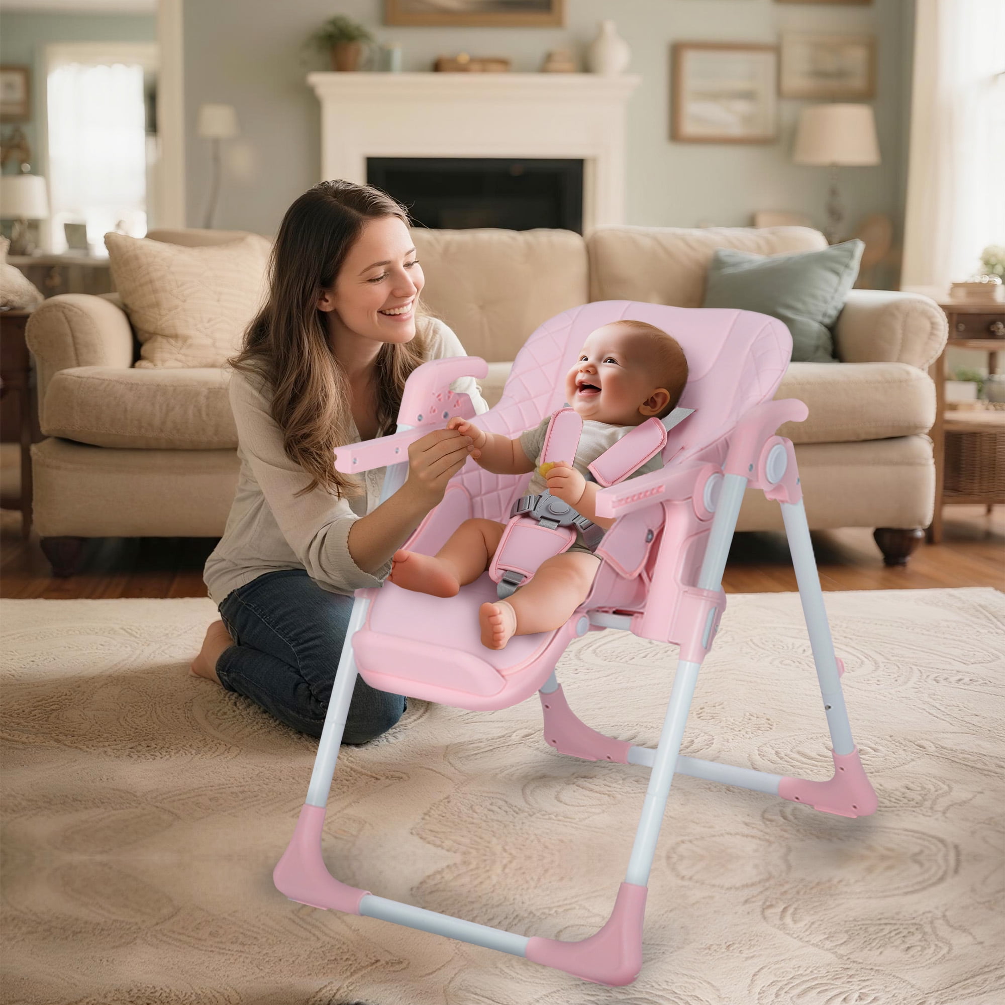 AILEEKISS Foldable Baby High Chair with Wheels, Adjustable Recline Toddler Eating Chair, Pink