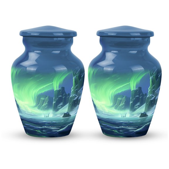 Northern Lights' Fantasy Over Icy Peaks - Small Elegant Urn for Adult Ashes - Portable Keepsake for Men - Unique Burial Container - Urns For Human Ashes Adult - 3 Inch, Set Of 2