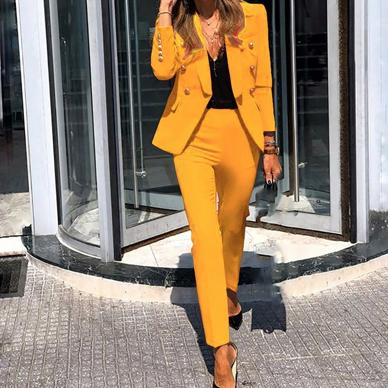 Women Business Blazer Suits Solid Color Work Pants Button Pocket Coat Set  for Office Lady Elegant Two Piece Outfits Black XX-Large