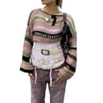 thumbnail image 6 of Women Knit Crop Tops, Long Sleeve Crew Neck Hollowed Contrast Color Loose Ladies Tops, 6 of 9