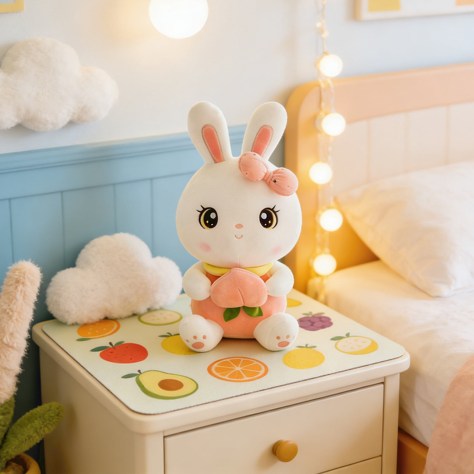 Cute Cartoon Bunny Plush Toy Holding Peach, Soft Rabbit Stuffed Animal Doll for Home Decor and Holiday Gifts, Adorable Animal Character Plushie 19.69-inch