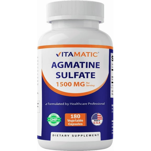 Vitamatic Agmatine Sulfate 1500mg Per Serving - 180 Veg Capsules - Made in The USA - Non-GMO & Gluten Free