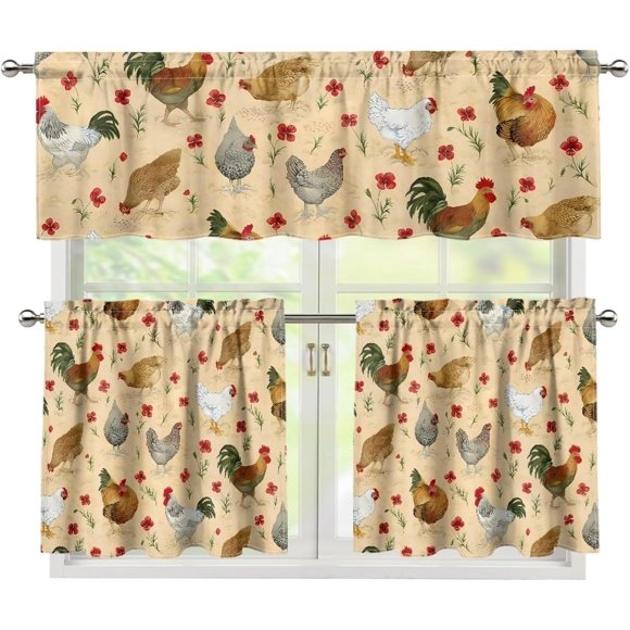 Rooster Chicken Window Kitchen Curtain Tier and Valance,3 Piece Kitchen Window Curtains Set for Living Room