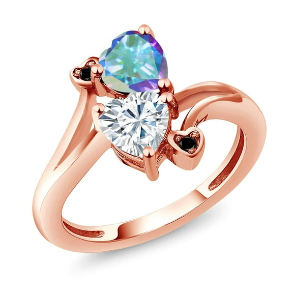 Gem Stone King 18K Rose Gold Plated Silver Mercury Mist Mystic Topaz White Moissanite and Black Diamond Ring for Women (1.83 Cttw, Heart Shape 6MM, Gemstone Birthstone, Size 9)