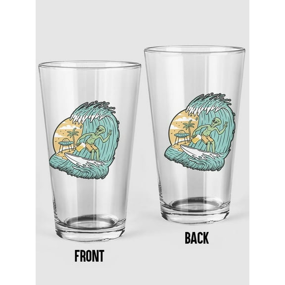 Alien Surfing Pint Glass -Smartprints Designs, 16 oz Transparent Glass