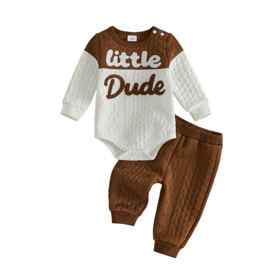 RUINIXCW Little Dude Baby Boy Mamas Boy Outfit Infant Baby Boy Spring Fall Winter Clothes Textured Jacquard Letter Embroidery Long Sleeve Romper and Pants Set