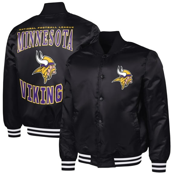 Men's G-III Sports by Carl Banks Black Minnesota Vikings Adaptive Team Graphic Satin Full-Snap Varsity Jacket