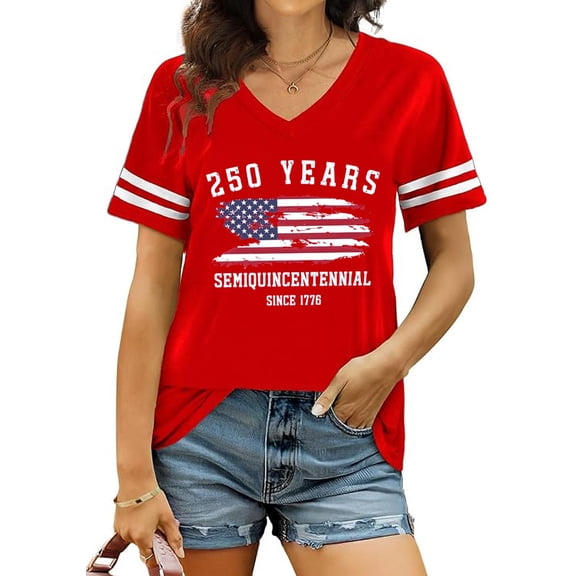 250th Anniversary Patriotic Shirts Women American Flag Shirt 4th of July Tee Tops V-Neck Short Sleeve Summer T-Shirt Small