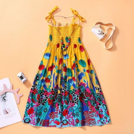 

Alvage Kids Girls Dress Summer Bohemian Suspenders Beach Sling Skirt Color Casual Fashion Flower Print