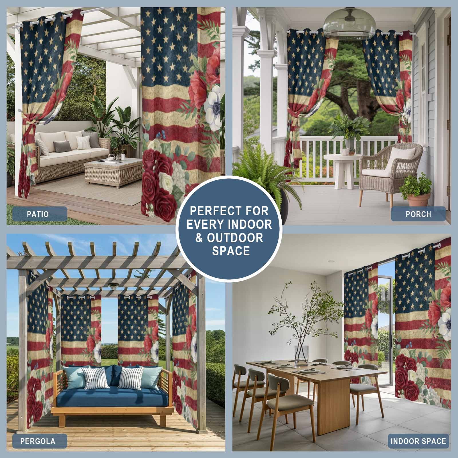 4th of July Outdoor Curtains for Patio, Patriotic USA Flag Stars Red Flowers Leaf Rustic Sunshade Privacy Drapes Grommet Waterproof Outside Curtains for Porch/Cabana/Balcony 54"x 108", 1 Panel