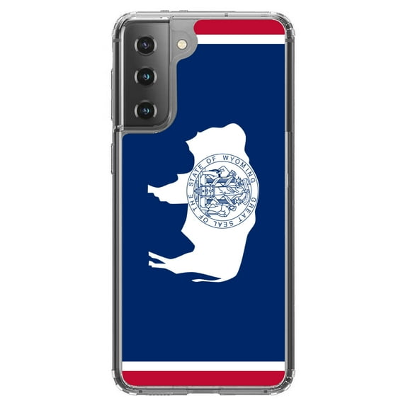 DistinctInk Clear Shockproof Hybrid Case for Galaxy S21 5G (6.2" Screen) - TPU Bumper, Acrylic Back, Tempered Glass Screen Protector - Wyoming State Flag - US State Flag