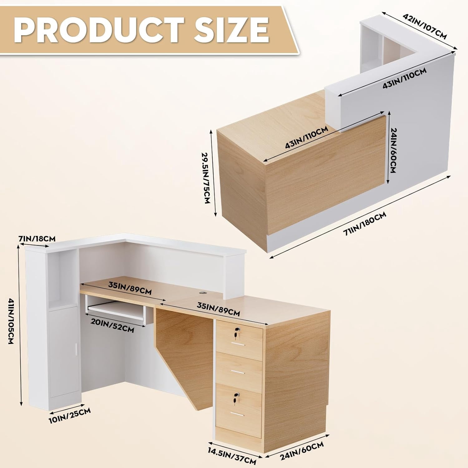 Esheno Modern Wooden L Shaped Reception Desk 71 inch Commercial Counter with Lockable Drawers and Cabinet Plain Wood Color Left Side Storage for Office Lobby School