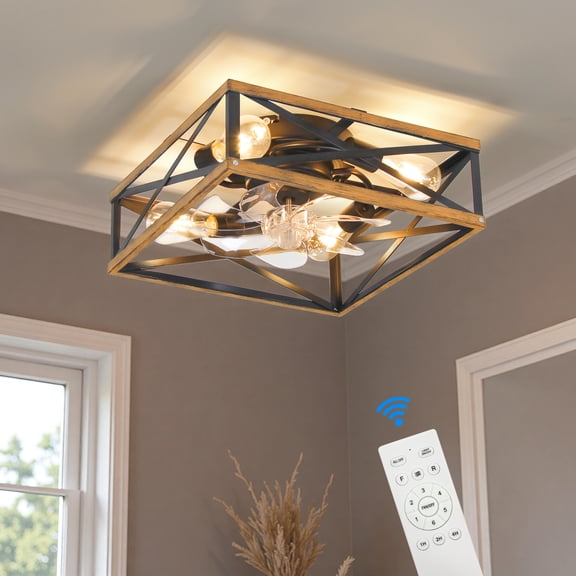 16 Inch Farmhouse Caged Ceiling Fan with Light, Industrial Black Wood Frame Enclosed Ceiling Fan Chandelier with Remote and 2 Downrods, Reversible Bladeless Fandelier for Bedroom Kitchen