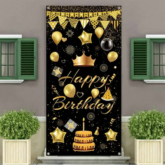 Birthday Door Cover 71x35 Inch Black Gold Birthday Banner for Party Decorations Balloons Stars Fireworks Backdrop Sign for Men Women Photo Booth Prop Wall Decor
