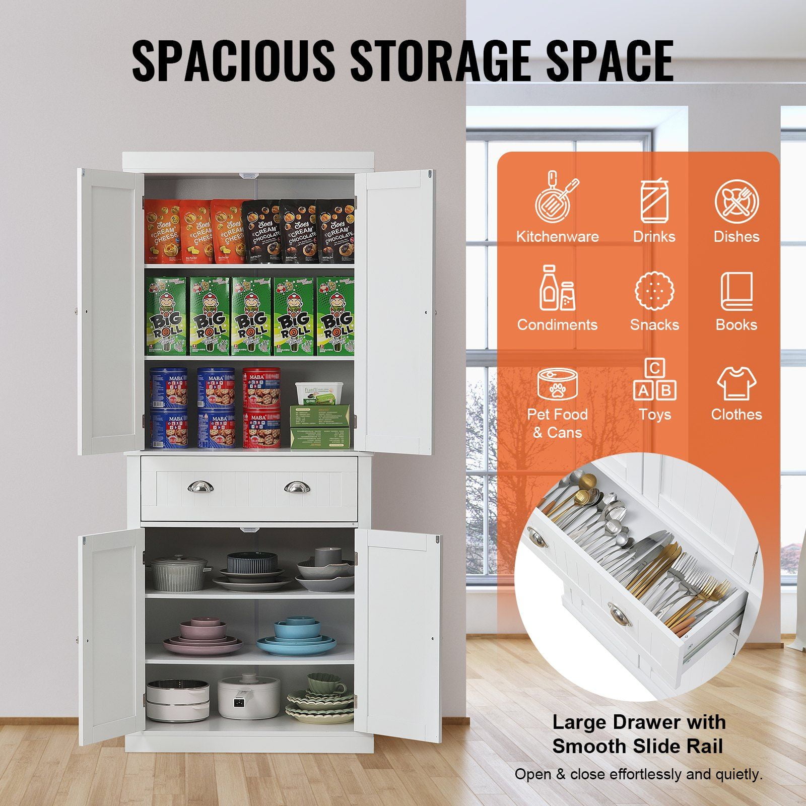 72 Inch Kitchen Pantry Cabinet with Doors, 3-Tier Adjustable Shelves & Drawer, White Freestanding Storage for Food, Living Room
