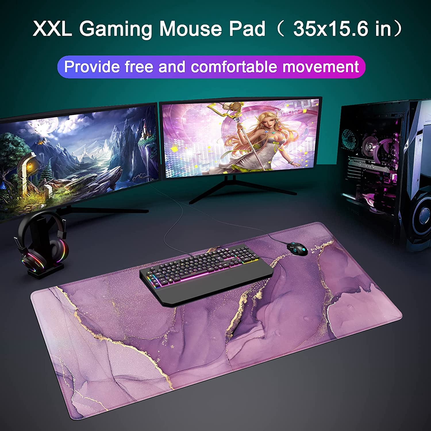 Desk Mat,Large Mouse Pad 35''''×15.6''''×0.12'''' XXL Extended Gaming Mouse Pad Mat with Non-Slip Base Stitched Eges Mousepad for Computer,Office,Keyboard and Laptop - Purple Marble