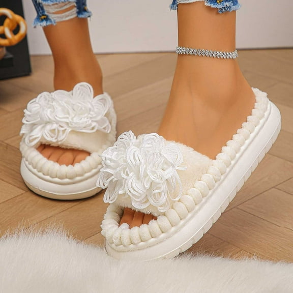 KANG Cozy Floral Slippers Comfortable Open Toe Fuzzy Home Slippers For Warmth And Relaxation