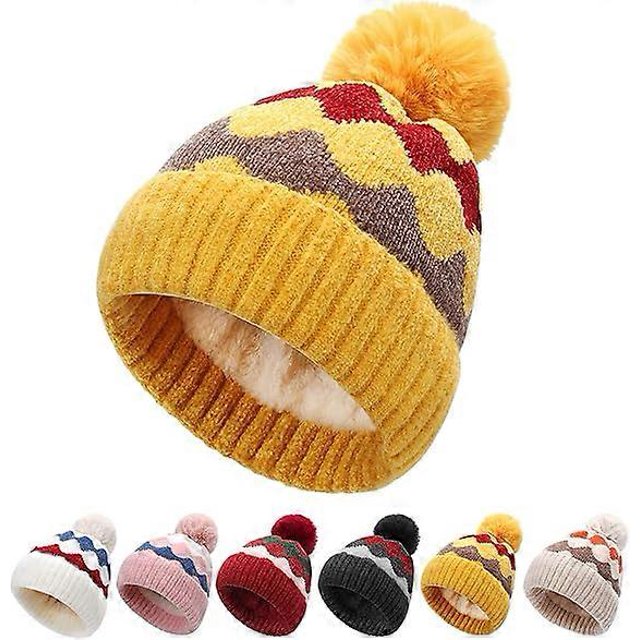 Bobble Hat Women - Fleece Lined Beanie Hats Ladies Winter Thermal Knitted Wooly Hats with Pom Pom