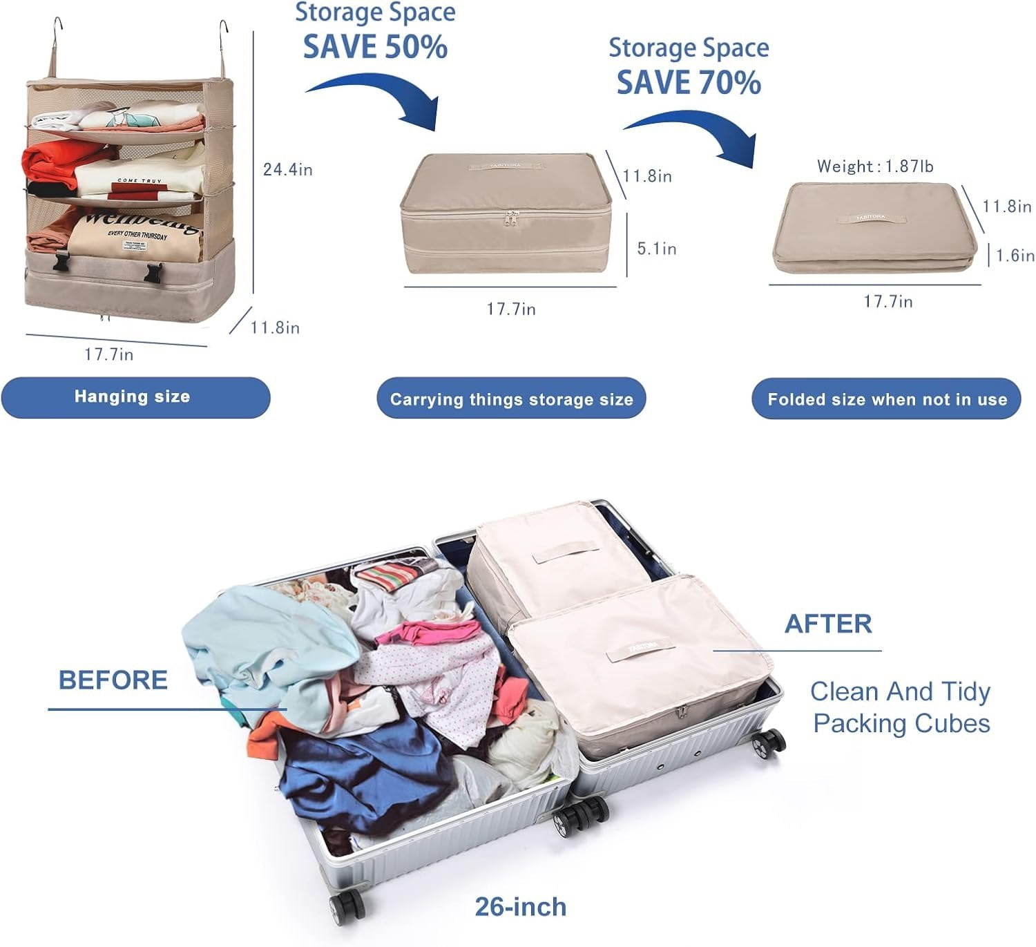 Portable  Travel Shelves Bag Packing Cube Organizer Suitcase Storage Large Capacity (Beige XL)...