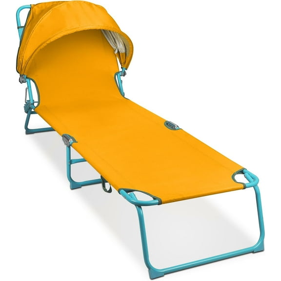Folding Chaise Lounge Chairs with Canopy Sunshade,Adjustable Sun Tanning Chair,Outdoor Heavy-Duty Beach Sunbathing Chair with Reclining Back,for Outside Patio Pool Beach,Yellow