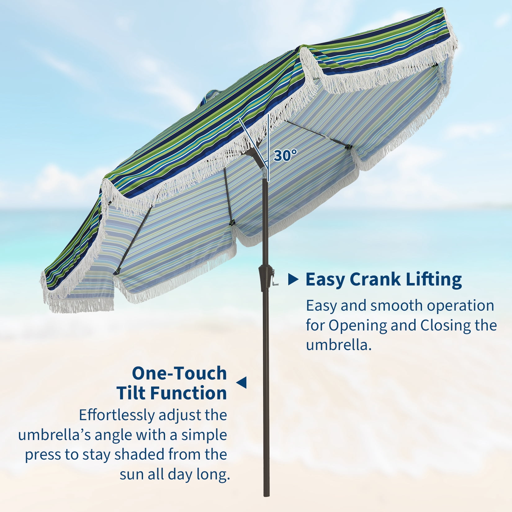9FT Outdoor Umbrella with 8 Fiberglass Ribs, Crank Handle & Push Button Tilt, 1.5"D Premium Steel Pole, Boho Tassel Market Umbrella for Patio, Backyard, Pool, Blue & Green Striped