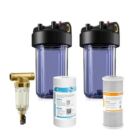 

SimPure DB10C Whole House Water Filter Housing(2 Pack) 10 x4.5 with 1Pack PP+1Pack CTO Filter(5μm)+DC5P 40/200 Micron Spin Down Sediment Filter