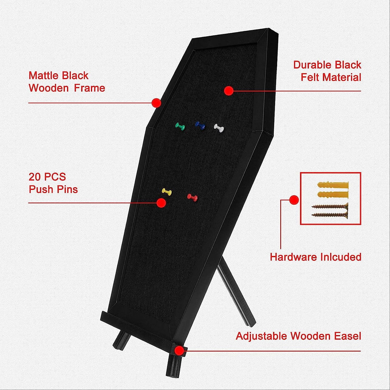 Gothvanity Coffin Pin Display Board - Wooden Felt Bulletin Board for Table Top or Wall - Gothic Decor for Home, Office and School - 17 x 11 Inches - Black