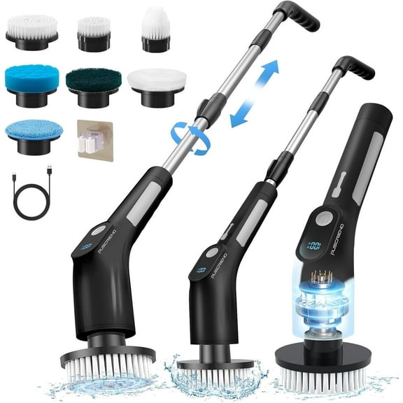 PUSCRIENO Electric Spin Scrubber, Cordless Electric Cleaning Brush, Shower Scrubber with 7 Interchangeable Heads, Extendable Handle & Bluetooth Control for Bathroom, Floors, Tiles Deep Cleaning-Black