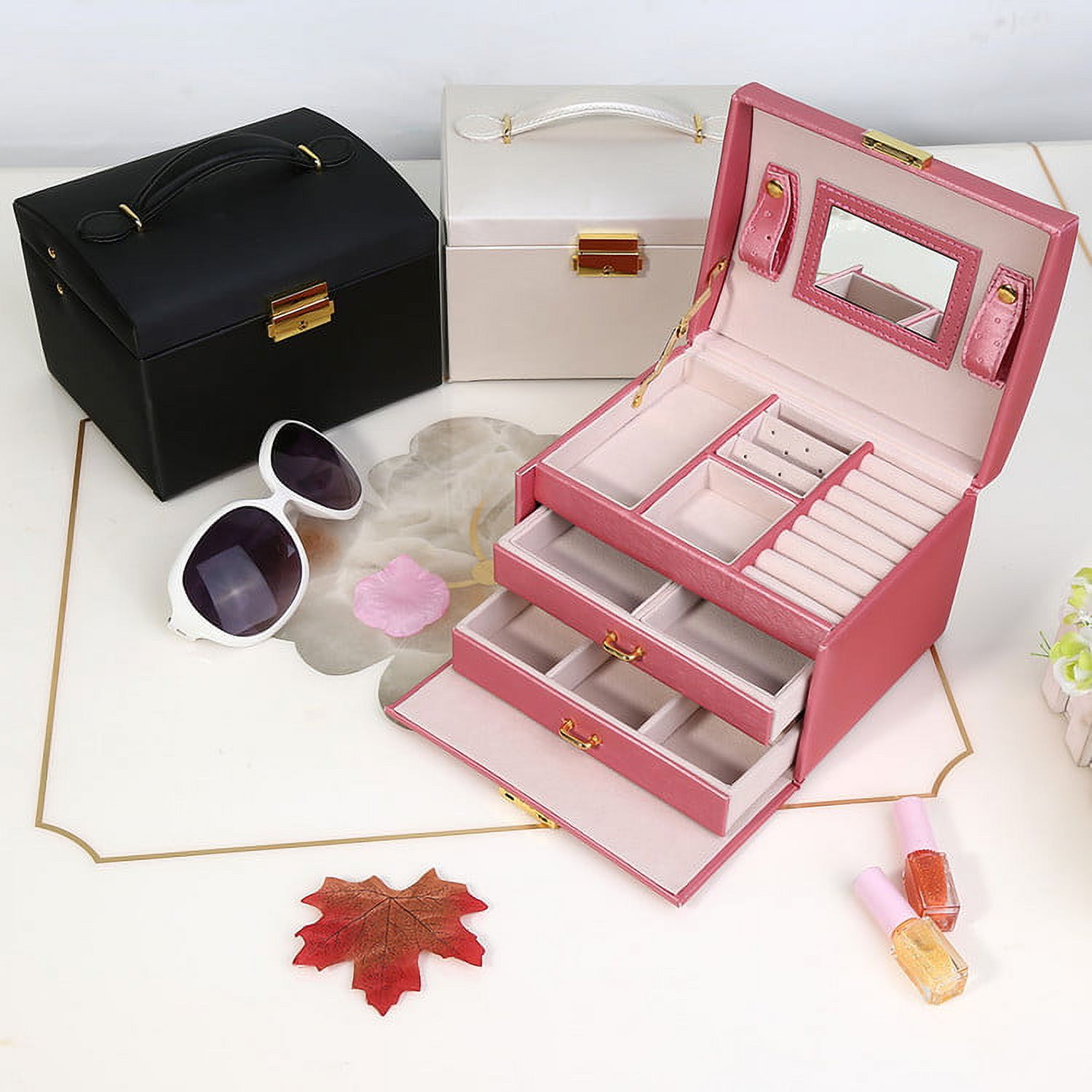 Walfront 3-Layer Girls Leather Jewelry Box and Watch Organizers, Lockable, Mirror, Pink - image 3 of 4