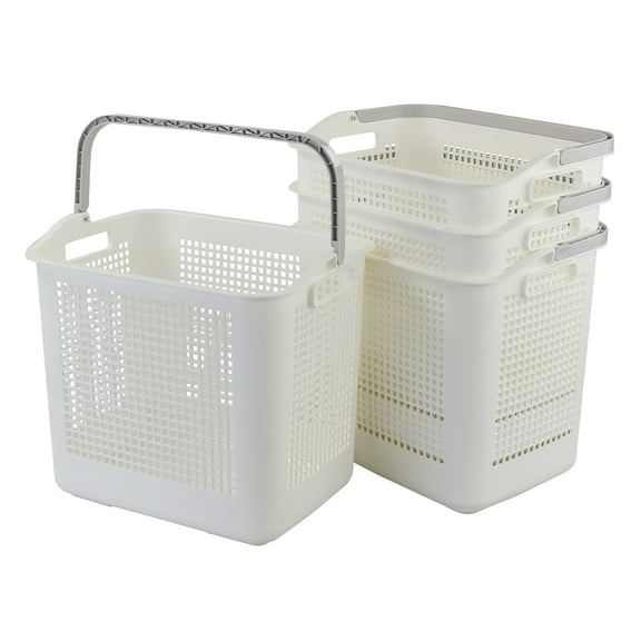Lesbin 35 L Plastic Laundry Storage Basket, White Laundry Hamper with Handle, 4-Pack