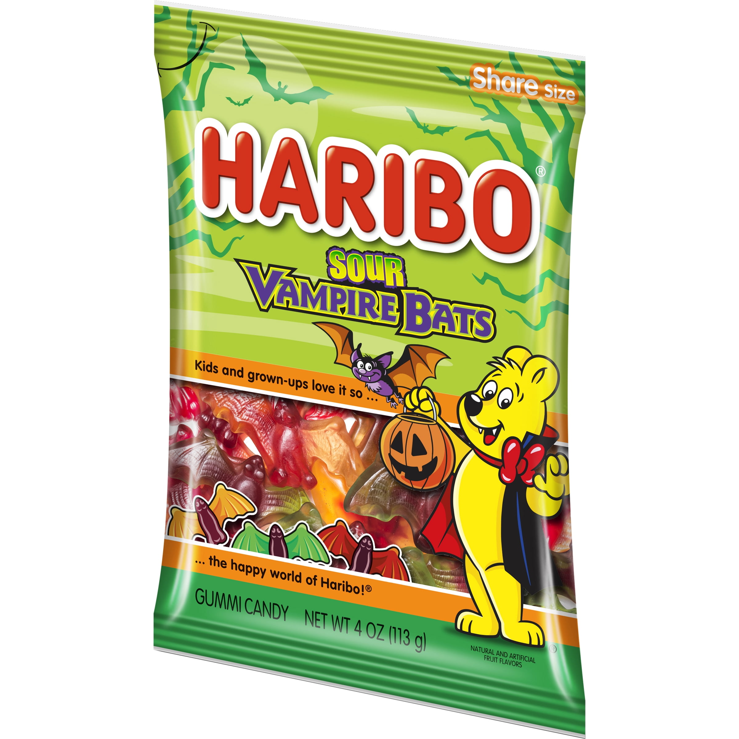 (4 pack) HARIBO Sour Bats Halloween Edition Gummies Bat Shaped Sour Gummy Candy, 4oz, Share Size Peg Bag