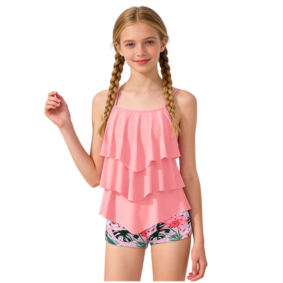 YEPGAR Girls Tankini Swimsuit 2 Piece Girl Board Shorts Adjustable Straps Girls' Swimwear for 5-14 Years (Pink, 11-12 Years)