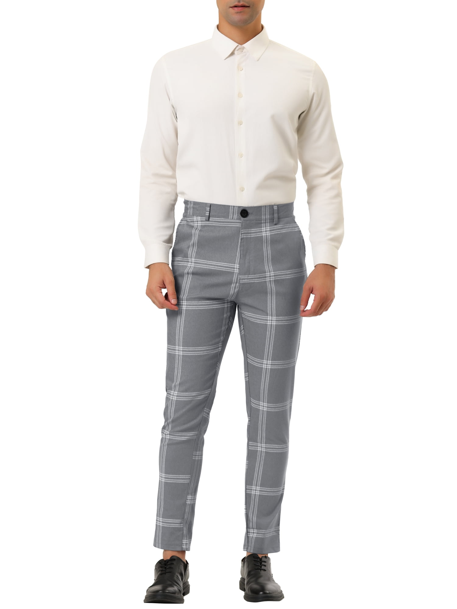 Unique Bargains Men's Business Plaid Pants Casual Slim Fit Flat Front Checked Trousers 32 Gray